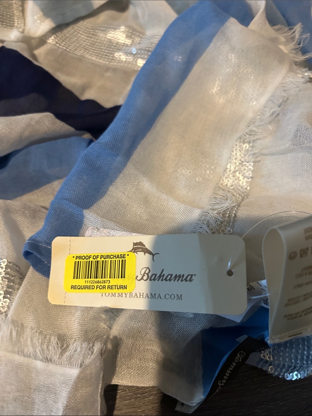Tommy Bahama Blue and White Striped Scarf with Silver Sequin Detail - Picture 5 of 6
